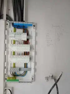 Apartment electrical distribution board with circuit labeling and organized cabling.
